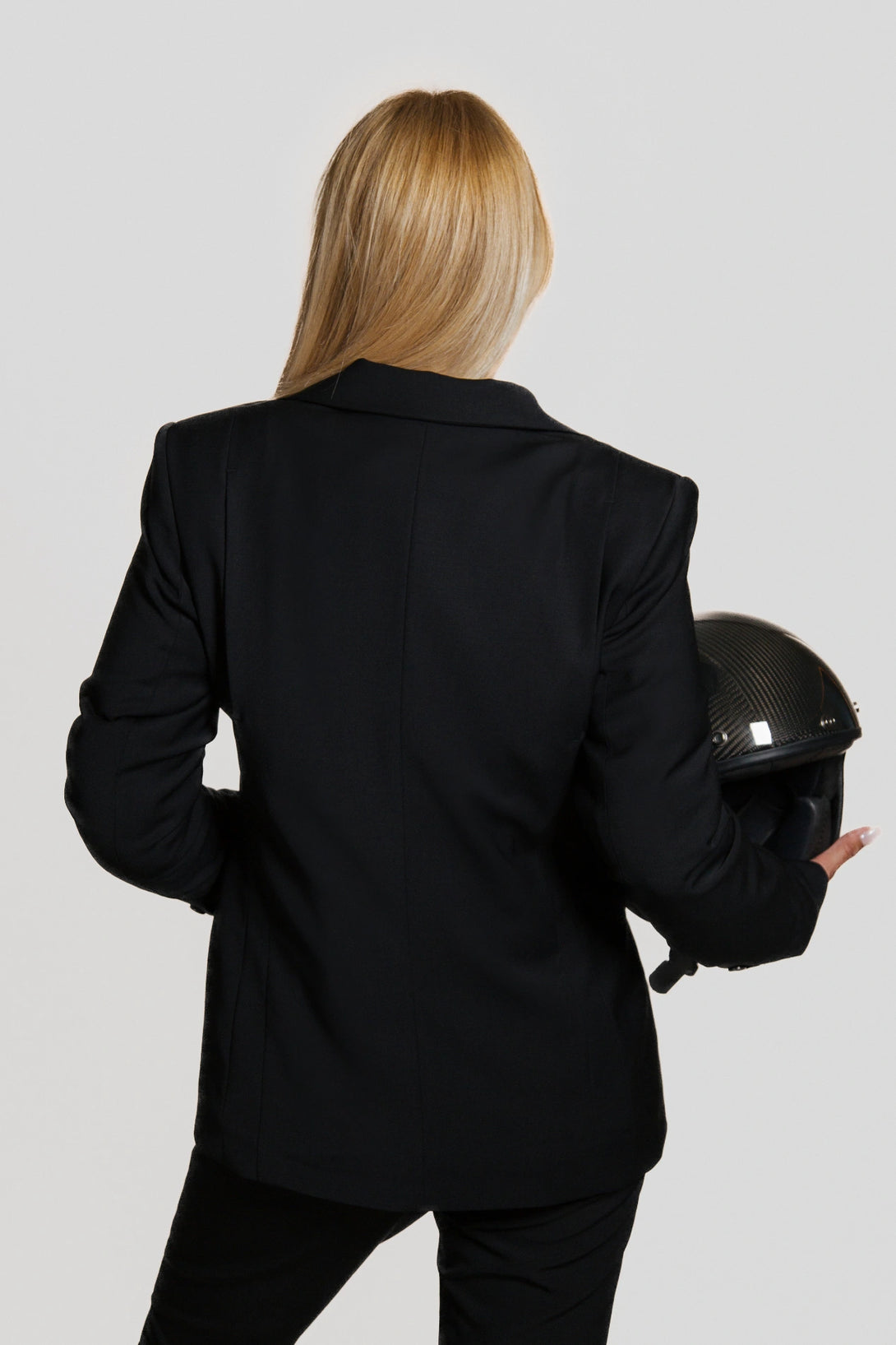 Back view of the Brummell Women’s Blazer worn by a model, tailored in premium wool with discreet CE-certified protection.